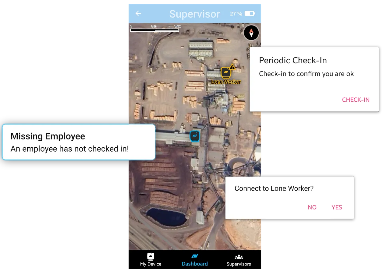 Graphics showing map view used by picoTera's lone worker check-in system and various UI elements.